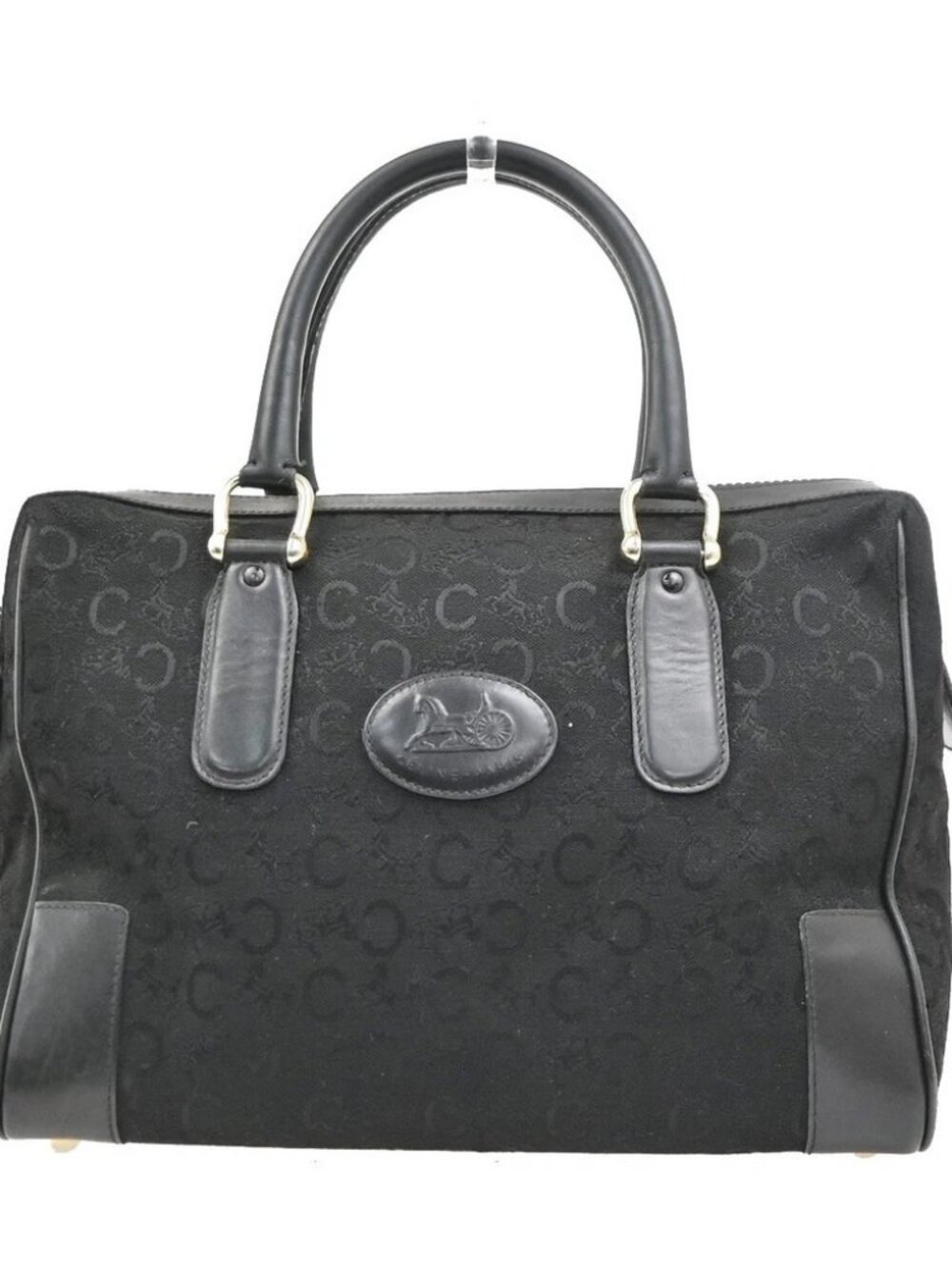 CELINE Logo C Macadam Horse Carriage Hand Bag Canvas Leather Black GHW 32MA687
